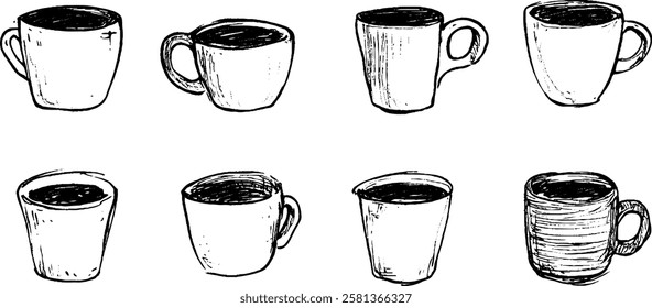 A collection of hand-drawn coffee cups in various shapes and sizes, some filled with dark liquid. The cups are sketched in a simple, artistic style, showcasing different designs.