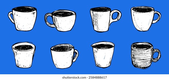 A collection of hand-drawn coffee cups in various shapes and sizes, some filled with dark liquid. The cups are sketched in a simple, artistic style, showcasing different designs.