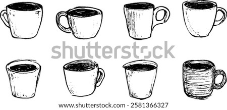 A collection of hand-drawn coffee cups in various shapes and sizes, some filled with dark liquid. The cups are sketched in a simple, artistic style, showcasing different designs.