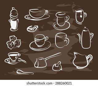 Collection of hand-drawn coffee on blackboard. Retro vintage style .