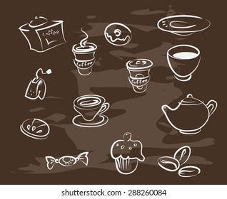 Collection of hand-drawn coffee on blackboard. Retro vintage style .