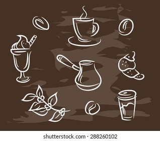 Collection of hand-drawn coffee on blackboard. Retro vintage style .