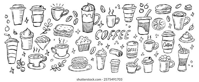 Collection of hand-drawn coffee and pastry illustrations showcasing various drinks and snacks in a whimsical design