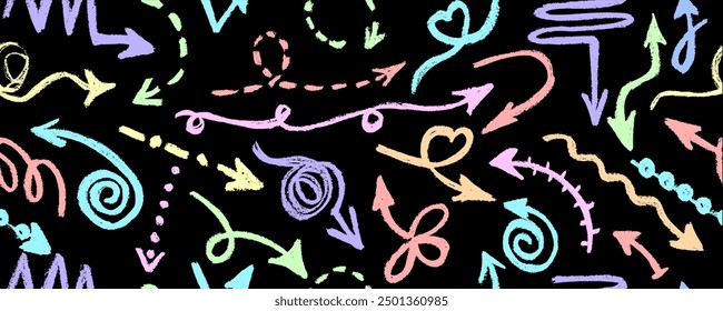 A collection of hand-drawn colorful arrows in various directions and styles. Ideal for creative design projects. Curved and wavy brush strokes.  Vector illustration.