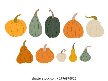 Collection of hand-drawn colorful pumpkins. Flat organic style. Pretty and cute autumn and Halloween decorations. Isolated on white background.