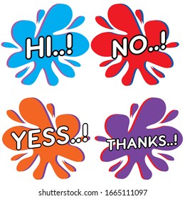 A collection of hand-drawn colorful speech bubbles with short handwritten halo letters, hi, no, yes and thanks