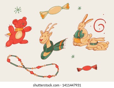 Collection of hand-drawn colorful vector illustrations. Funny deer, bear and rabbits. Vector graphic set.