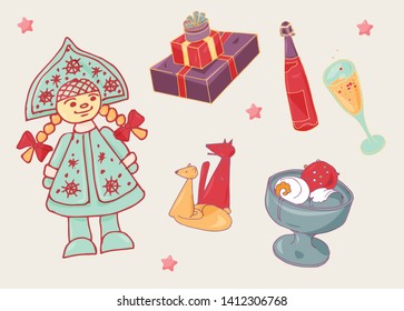Collection of hand-drawn colorful vector illustrations. Champagne, Snow maiden, gifts and icecream. Vector graphic set.