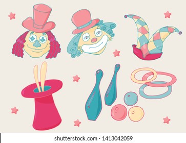 Collection of hand-drawn colorful vector illustrations. Clowns, games, magic hats. Vector graphic set.