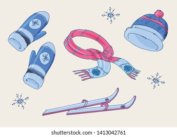 Collection of hand-drawn colorful vector illustrations. Hat, scarf, gloves and skiing. Vector graphic set.