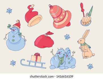 Collection of hand-drawn colorful vector illustrations. Snowman and snowlady, rabbit, ringbell and christmas gifts. Vector graphic set.