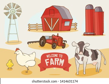 Collection of hand-drawn colorful vectors. Cow, chicken, farmhouse, windmill, tractor and silo towers. Vector graphic set.