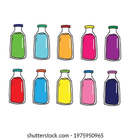 Collection of hand-drawn colorful water bottle illustrations against a white backdrop. Great for fitness promotions, hydration concepts, or beverage-themed artistic compositions