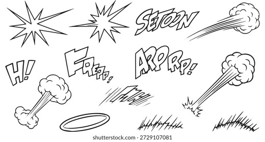 Eine Sammlung handgezeichneter Comicbuchelemente, darunter Sternenexplosionen, Geschwindigkeitslinien und Soundeffektwörter wie "HI!", "GRRR!", "SETOON" und "ARRP!".