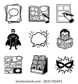 A collection of hand-drawn comic book elements including characters, speech bubbles, and panels.
