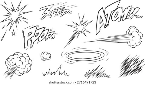 Eine Sammlung handgezeichneter Comic-Soundeffekte und visueller Elemente, einschließlich Explosionen, Sprechblasen und Bewegungslinien.