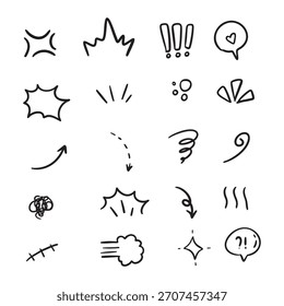 Collection of hand-drawn comic book style elements, including speech bubbles and various effects.