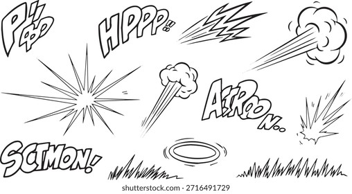 Eine Sammlung handgezeichneter Soundeffekte und visueller Elemente im Comic-Stil, einschließlich Explosionen, Auswirkungen und Bewegungslinien.