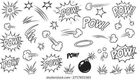 Una colección de efectos de sonido de estilo cómic dibujado a mano como POW y líneas de acción que indican movimiento e impacto.