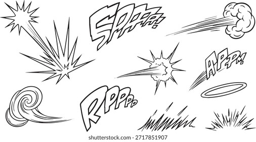 A collection of hand-drawn comic book style sound effects and action elements including explosions, speed lines, and onomatopoeia like 'Sppaa!', 'Rppps!', and 'Rppps!' for graphic design.