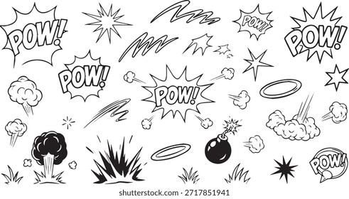 Uma coleção de efeitos sonoros desenhados à mão em quadrinhos, como POW e vários gráficos de explosão e impacto.