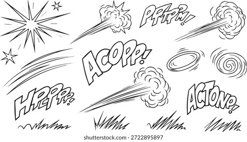 A collection of hand-drawn comic book style elements including speed lines, explosion effects, and various sound effect text bubbles like 'ACOPP!' and 'ACTONE!'.