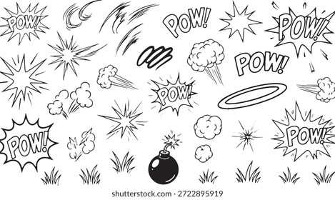 A collection of hand-drawn comic book style sound effects like POW and explosions, along with motion lines and a bomb.