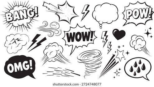 A collection of hand-drawn comic book style sound effects and visual elements including explosions, speech bubbles, lightning, and weather phenomena.