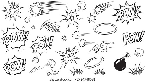 A collection of hand-drawn comic book style elements including explosions, sound effects like POW, and action lines.