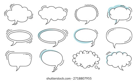 Colección de burbujas de discurso cómico dibujadas a mano en varias Formas con efectos de línea dinámica para indicar sonido o énfasis.