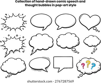 Collection of hand-drawn comic speech and thought bubbles in pop-art style, featuring blank oval, cloud, heart and explosion shapes for dialogue, captions, callouts and comic book use. Collection of hand-drawn comic speech and thought bubbles in pop-art style, featuring blank oval, cloud, heart and explosion shapes for dialogue, captions, callouts and comic book use.
