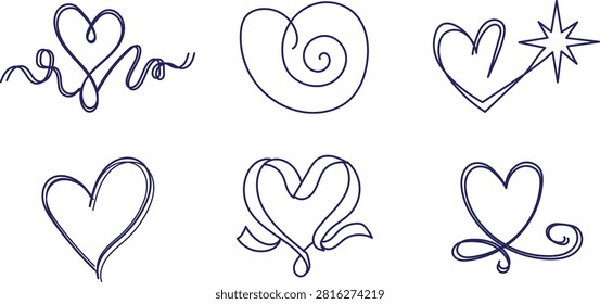 Collection of hand-drawn continuous line heart set with various abstract and decorative shapes. Symbolizing love, passion, romance, affection, and emotional connection. Ideal for valentine designs and greeting cards.