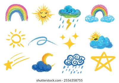 Collection of hand-drawn crayon rainbow, sun, and clouds on white paper