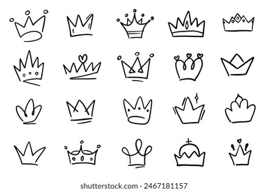 A collection of hand-drawn crown icons in various styles and designs, perfect for royalty-themed projects and decorations.