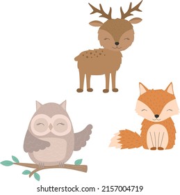 Collection of hand-drawn cute forest animals. Illustration of a fox, owl, deer. Vector for baby shower, cards, flyers, posters, prints, holiday, clothes, textile, decor, toys, banner, nursery