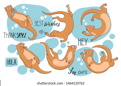 Collection of hand-drawn cute otters with hand lettering. Hola - hello in Spanish