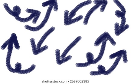 A collection of hand-drawn, dark blue arrows in various directions, conveying movement, direction, and choice on a white background.