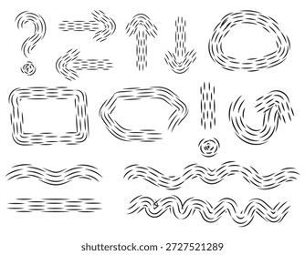Collection of hand-drawn dashed line design elements including a question mark, arrows, frames, an exclamation mark, and wavy lines. Ideal for creative projects, infographics, and UI UX.