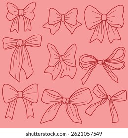 Coleção de Arcos decorativos desenhados à mão em desenhos elegantes no fundo rosa. Ilustração que representa vários designs estilizados de arco, desenhados em um estilo limpo desenhado à mão. Ideal para projetos artísticos