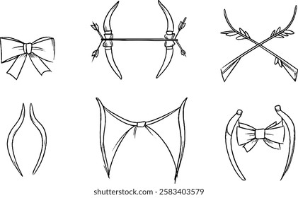 A collection of hand-drawn decorative elements featuring bows and arrows, including various styles of bows and horn-like shapes. Ideal for design projects.