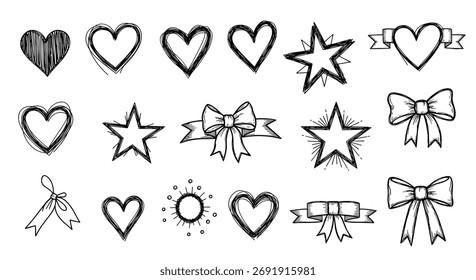 Una colección de Elementos decorativos dibujados a mano que incluyen corazones, estrellas, arcos y rayos de sol con fines de diseño.
