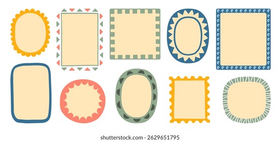 Coleção de molduras decorativas desenhadas à mão com elementos tribais e geométricos, ideal para projetos de design tropical, etiquetas, cartões, adesivos e crianças.
