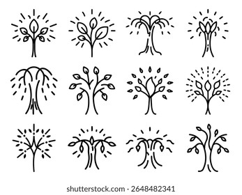 Collection of Hand-Drawn Decorative Tree Icons with Leaves and Radiating Lines – Whimsical Botanical Line Art for Eco, Nature, or Spiritual Design Themes

