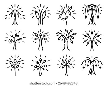 Collection of Hand-Drawn Decorative Tree Icons with Leaves and Radiating Lines – Whimsical Botanical Line Art for Eco, Nature, or Spiritual Design Themes

