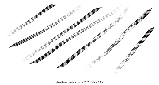 Una colección de líneas diagonales dibujadas a mano con un aspecto áspero y texturizado, que varían en grosor y sombra.