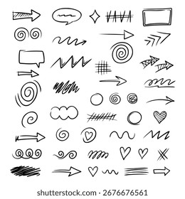 Colección de flechas, líneas y Formas de doodle dibujadas a mano para varios proyectos de diseño
