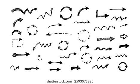 A collection of hand-drawn doodle arrows in various styles, including wavy, circular, zigzag, and curved designs. Perfect for presentations, infographics, and creative projects.