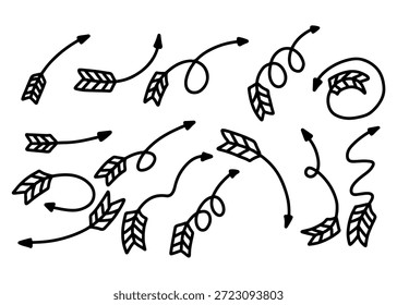 Una colección de flechas de doodle dibujadas a mano con varias Formas curvas, onduladas y en espiral, con distintos movimientos, sobre un fondo blanco.