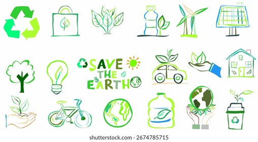 Colección Guardar del elemento dibujado a mano del doodle, icono, símbolo para la energía ecológica, verde, tema de la tierra.