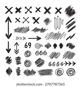 Colección de Elementos doodle dibujados a mano en tinta negra. Incluye flechas, cruces, garabatos, círculos y otras Formas abstractas sobre un fondo blanco.